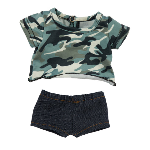Camo shirt and denim shorts